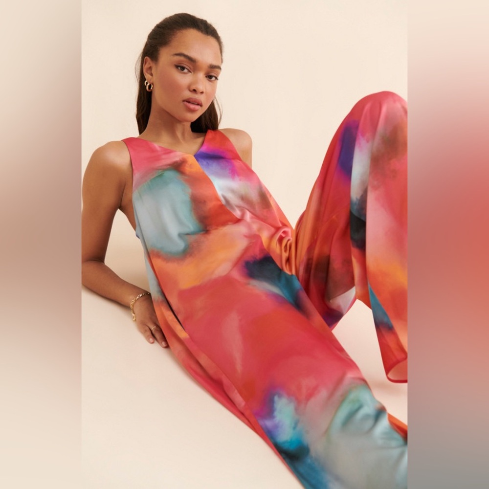 Anthropologie Satin Multicolor Tie-Dye Jumpsuit - Picture 2 of 5
